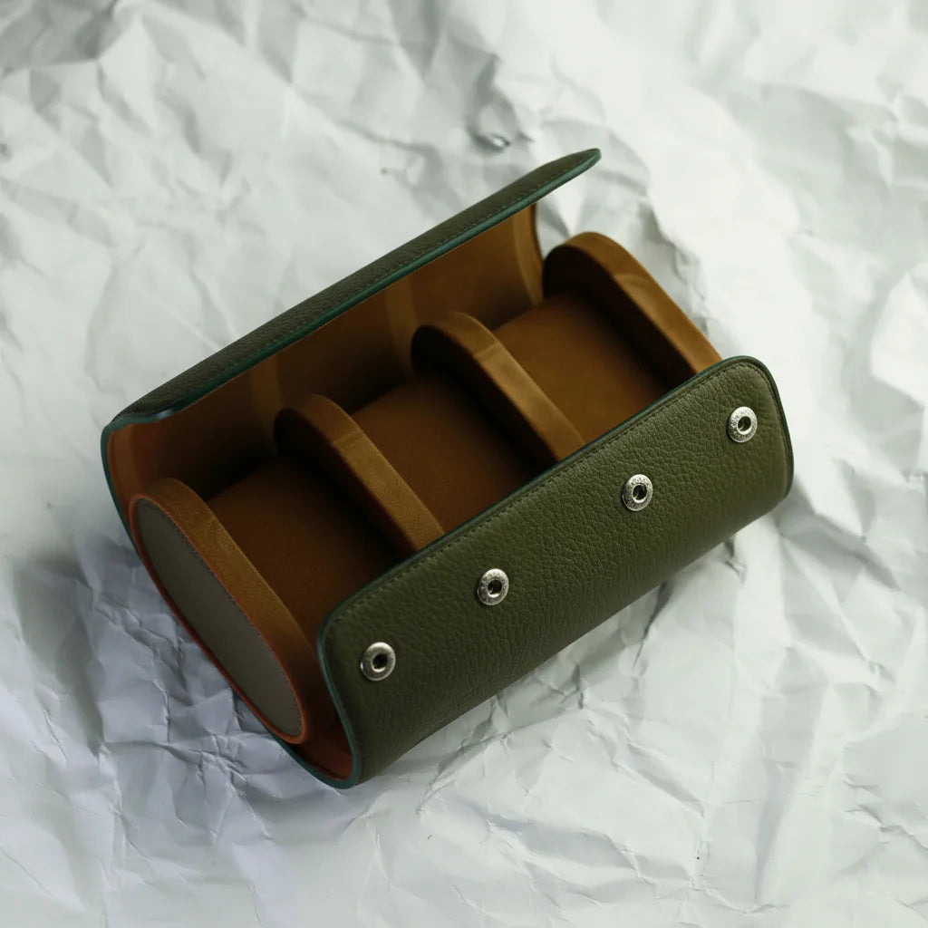 Green 3 slots Leather watch roll