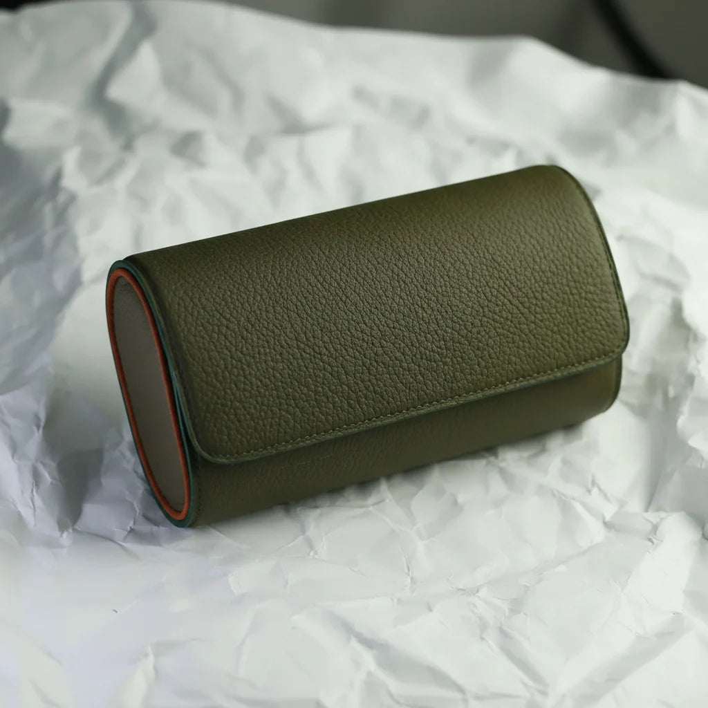 Green 3 slots Leather watch roll